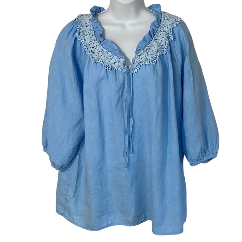 Blue Linen Oversized Peasant Lagenlook Lace Blouse Large Spring Breathable